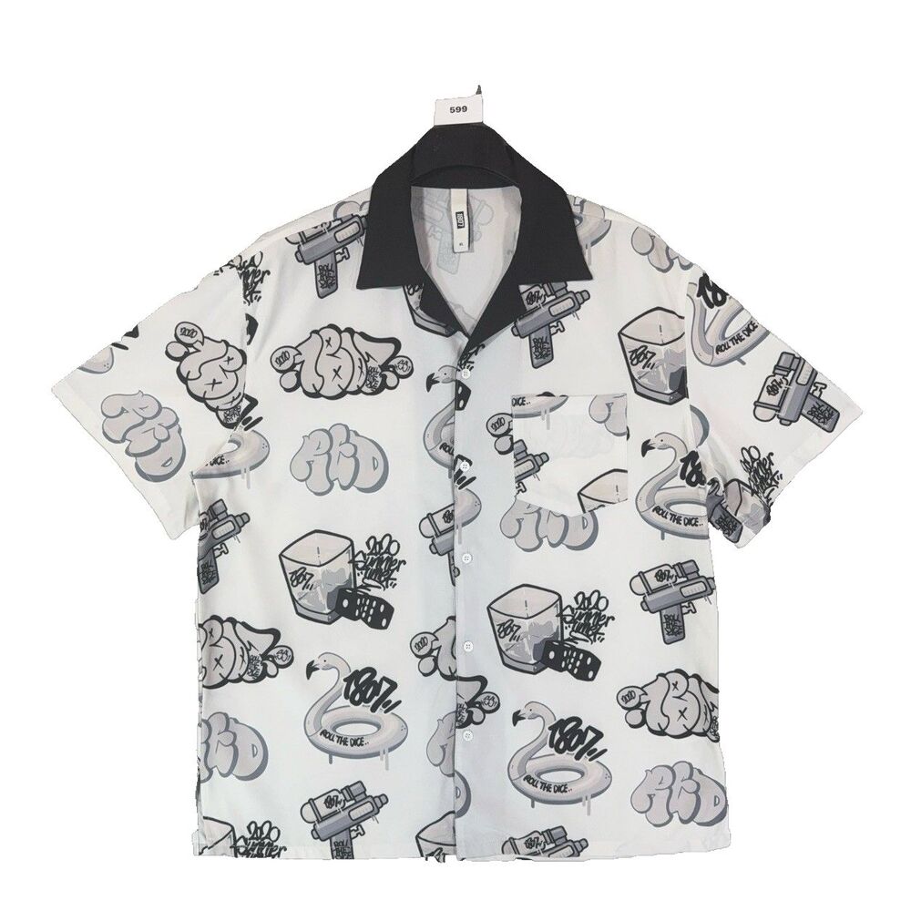 807 Men XL Graffiti All Over Print Short Sleeve Button Up Camp Shirt White